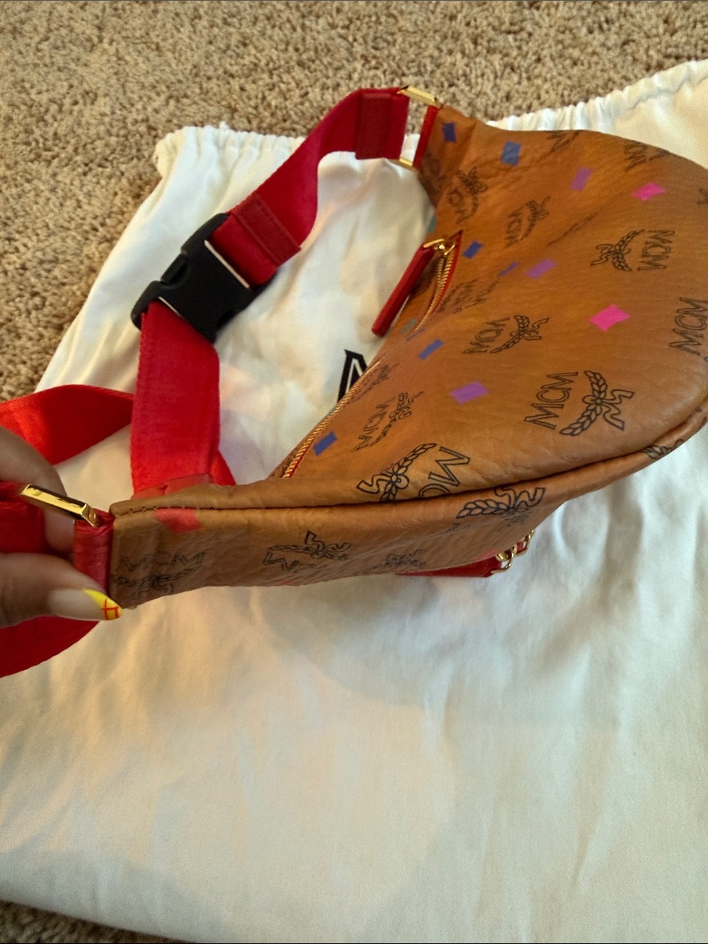 MCM Brown Visetos Leather Crossbody Belt Bag with Multicolor Diamonds - Picture 7 of 14